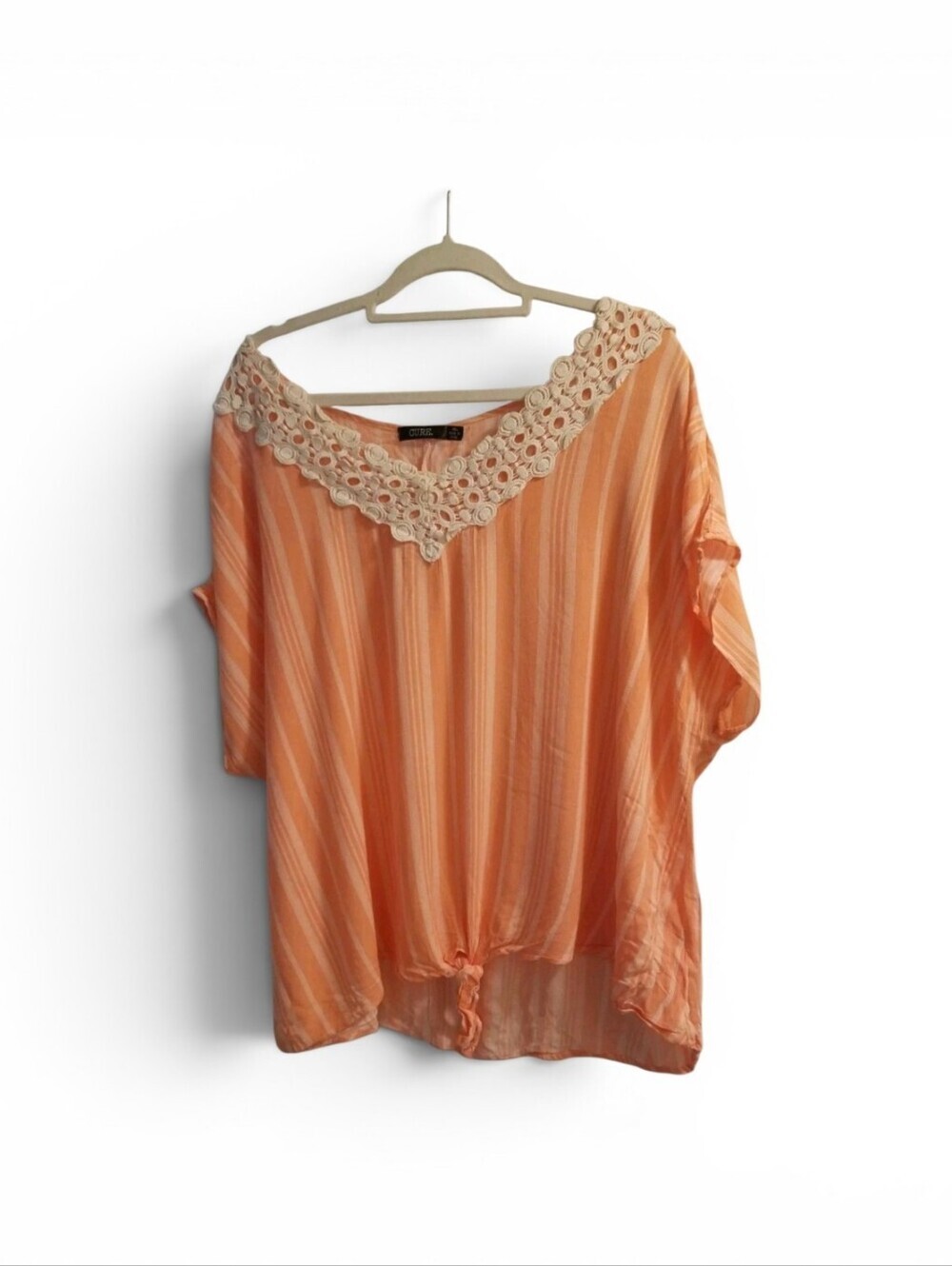 Cure Crochet Trim Peach Stripe Blouse with Front Tie 3XL